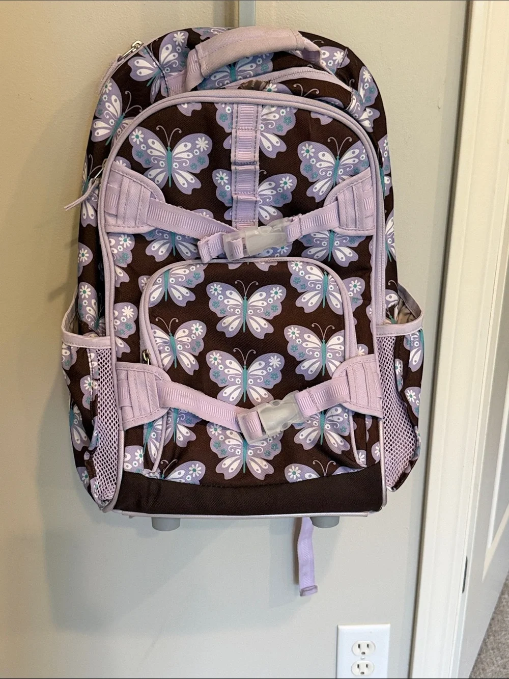 Pottery Barn Kids Rolling Backpack with Lavender and Light Blue Butterflies